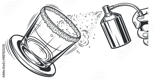 A glass with a rim of sugar and a spray bottle creating bubbles in black and white outline vector style, ideal for bar menus and cocktail promotions