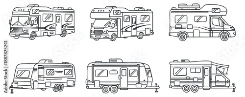 A collection of recreational vehicles and campers in outline minimalist vector style, perfect for travel and camping themes