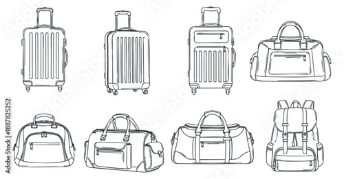 A collection of various travel bags and suitcases in minimalist outline vector style, ideal for travel-related designs