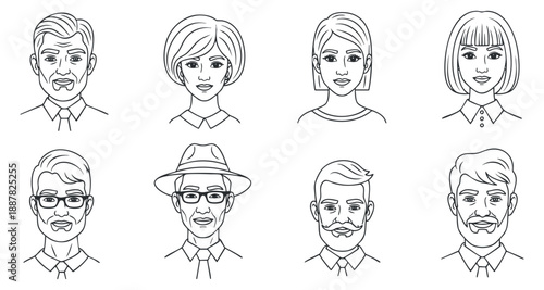 A collection of diverse male and female faces in minimalist line art vector style, suitable for character design and branding