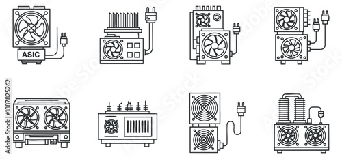 A collection of ASIC mining hardware illustrations in clean black outline vector style, ideal for technology and electronics projects