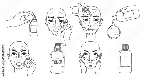 A skincare routine illustration featuring a woman applying cleanser, toner, and moisturizer in outline vector style, perfect for beauty and wellness projects