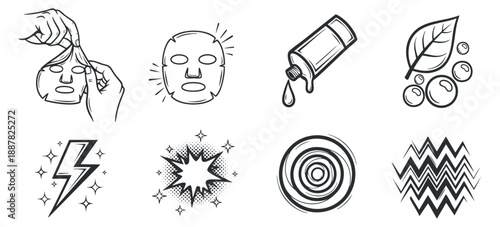 A collection of beauty and wellness icons including facial masks, serum bottles, leaves, and abstract elements in clean outline vector style, perfect for skincare design projects