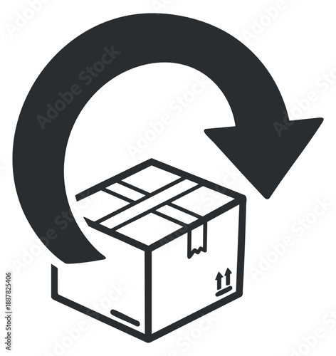 A return package box with an arrow in black outline vector style, ideal for shipping and logistics design