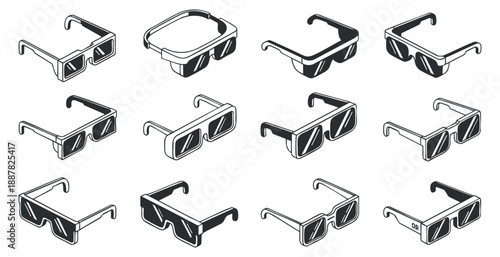 A collection of various sunglasses designs in black and white outline vector style, ideal for fashion and eyewear branding