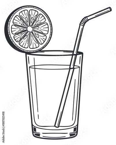 A refreshing glass of lemon juice with a slice of lemon and a straw in outline minimalist vector style, ideal for cocktail menus and summer promotions