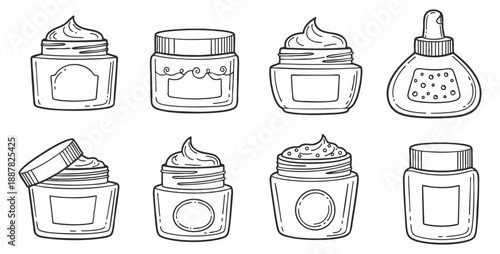 A collection of hand-drawn skincare jars and bottles in outline vector style, suitable for beauty product branding and packaging