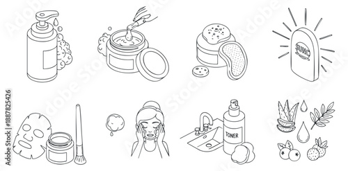 A collection of skincare and beauty icons in minimalist vector style, suitable for wellness and cosmetic branding