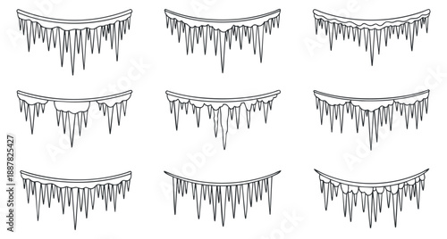 A collection of eight unique icicle designs in clean outline vector style, ideal for winter-themed projects and decorations