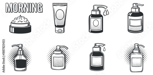 A collection of skincare and beauty products for morning routine in black and white outline vector style, perfect for wellness branding