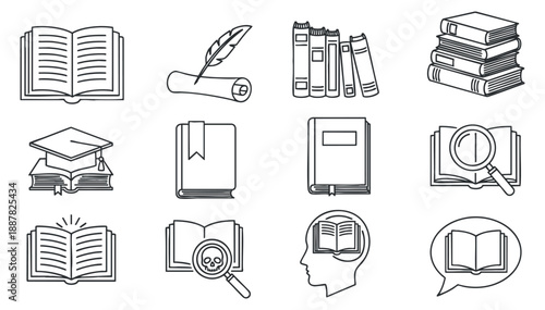 A collection of education-themed icons featuring books, graduation caps, and writing tools in minimalist black and white vector style, ideal for educational materials and branding