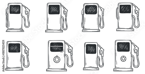 A collection of eight vintage gas station fuel pumps in black and white outline vector style, ideal for automotive graphics and retro-themed designs