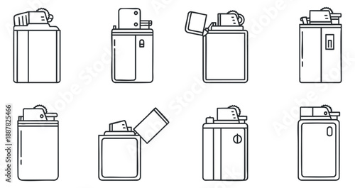 A collection of various lighter designs in minimalist outline vector style, ideal for smoking accessories and branding