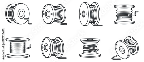 A collection of eight spool illustrations featuring various thread designs in clean outline vector style, suitable for crafting and sewing projects