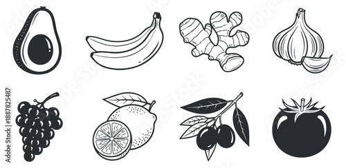 A collection of various fruits including avocado, bananas, grapes, lime, figs, and tomato in black and white minimalist vector style, perfect for healthy food packaging
