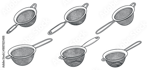 A collection of kitchen strainers and sieves in black and white outline vector style, suitable for culinary designs and food preparation projects