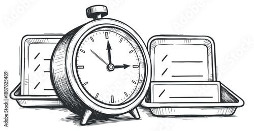 A vintage stopwatch surrounded by two kitchen trays in hand-drawn sketch vector style, suitable for culinary and cooking-related projects