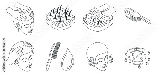 A set of hair care and grooming icons featuring various hairstyles, tools, and treatments in minimalist black and white vector style, ideal for beauty and wellness projects