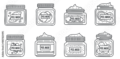 A set of eight peel mask jars in minimal black outline vector style, perfect for skincare branding and product packaging