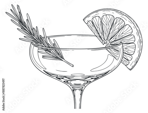 An elegant cocktail glass with a lemon slice and rosemary garnish in outline vector style, perfect for bar menus and drink promotions