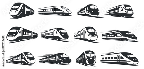A collection of dynamic train silhouettes in black and white minimalist vector style, suitable for transportation and travel design projects