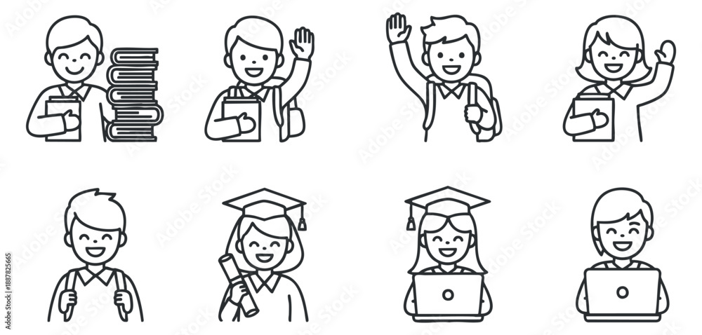 Fototapeta premium A collection of student illustrations featuring smiling characters with books, laptops, and graduation caps in clean outline vector style, ideal for educational materials and branding