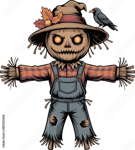 Create a realistic Halloween scarecrow vector art with white background.