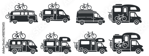 A collection of camper vans and motorhomes with bicycles on top in black and white minimalist vector style, ideal for travel and outdoor themed designs