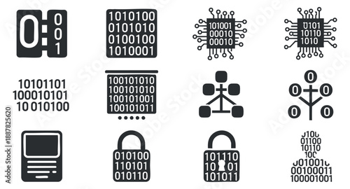 A collection of binary code icons including lock, device, and circuit designs in modern flat vector style, ideal for tech and cybersecurity projects
