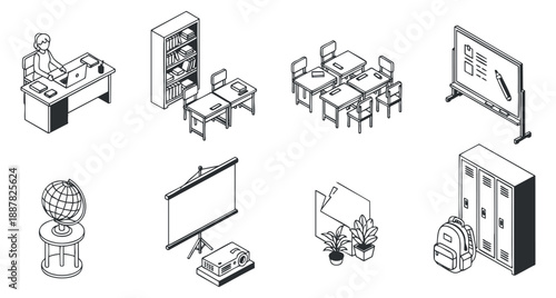 A collection of education-themed icons including a teacher at a desk, classroom furniture, a globe, and school supplies in minimalist outline vector style, ideal for educational materials and branding