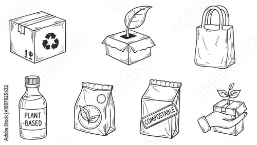 A collection of plant-based and compostable packaging icons in minimalist black and white vector style, ideal for eco-friendly branding and design
