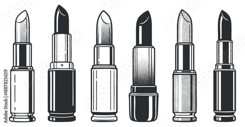 A set of six lipstick tubes in black and white vector style, ideal for beauty and cosmetics branding