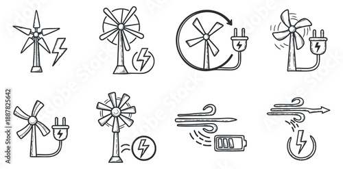 A collection of wind power icons featuring windmills, electricity symbols, and battery indicators in minimalist outline vector style, ideal for renewable energy projects