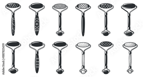 A collection of various kitchen strainers and sieves in black and white vector style, suitable for culinary design and food-related projects