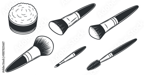 A collection of makeup brushes and powder container in black and white outline vector style, perfect for beauty and cosmetic branding