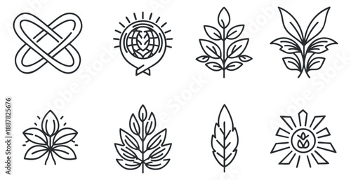 A collection of eight botanical icons featuring leaves and flowers in minimalist black outline vector style, perfect for eco-friendly branding and wellness projects