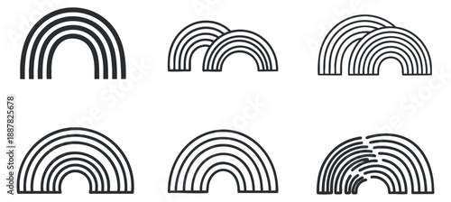 A set of minimalist black and white rainbow designs in various styles and shapes, perfect for creative projects and branding