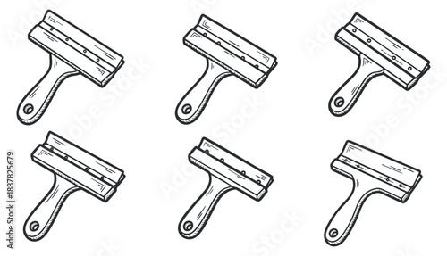 A collection of six squeegees in outline vector style, ideal for cleaning service branding and home maintenance projects