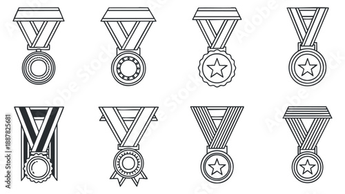 A collection of various medal designs with ribbons in black and white outline vector style, suitable for award ceremonies and recognition events