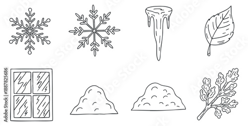 A collection of winter-themed icons including snowflakes, an icicle, a leaf, and a window in minimalist outline vector style, suitable for seasonal design projects