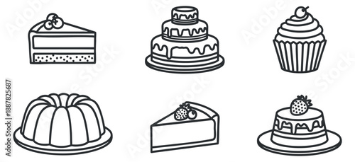 A set of various cake types including layered cake, bundt cake, cupcake, and more in minimalist outline vector style, ideal for bakery branding and dessert menus