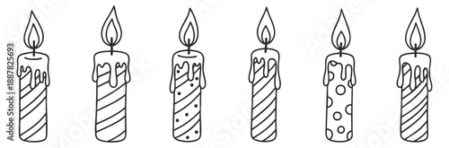 A collection of six decorative candles in hand-drawn line art style, ideal for birthday celebration and festive designs