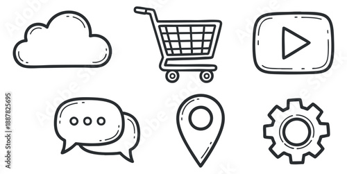 A collection of outline icons including a cloud, shopping cart, play button, chat bubble, location pin, and gear in minimalist vector style, suitable for web and app design