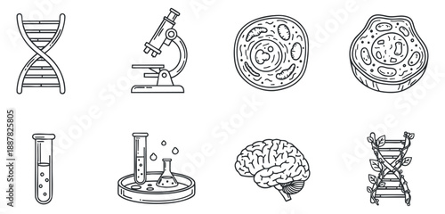 A collection of science icons featuring DNA, a microscope, cells, and a brain in black outline vector style, ideal for educational materials and biology projects
