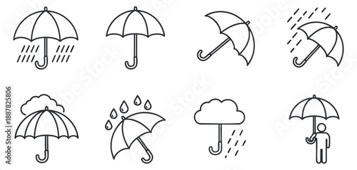 A collection of various umbrella icons including rain and shelter in minimalist outline vector style, ideal for weather-related projects