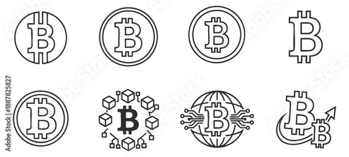 A collection of bitcoin icons featuring various designs in outline vector style, ideal for cryptocurrency branding and financial technology projects
