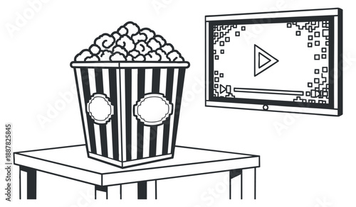 A bucket of popcorn on a table next to a television screen in minimalist black and white vector style, ideal for cinema and entertainment themes