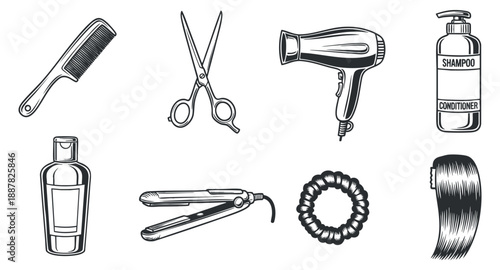 A collection of hair care and styling tools including a hairdryer, scissors, shampoo, and hairbrush in black and white vector style