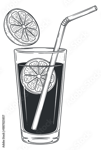 A tall glass of refreshing drink with lemon slices and a straw in black and white outline vector style, ideal for summer-themed designs