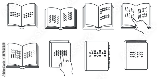 A set of open books with hands interacting in minimalist vector style, suitable for educational and digital learning projects